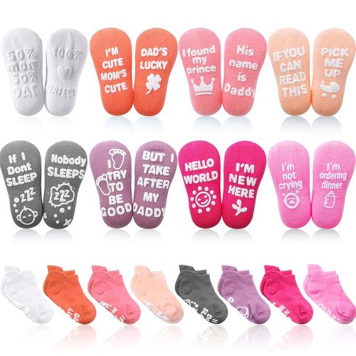 SATINIOR 8 Pairs Baby Non-slip Grip Ankle Socks Non-Skid Gripper Socks with Funny Sayings, 1-3 Years, 4.5 Inches(Pink Series)