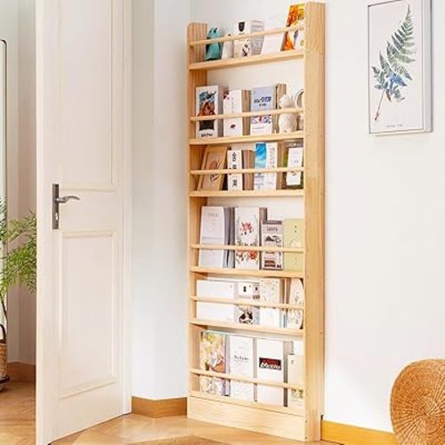 Behind The Door Bookshelf Wooden 6-Tier, Slim Space-Saving Storage Cabinet for Kids Room, Wall Mounted Organizer with Hidden Shelves for Home & Kitchen (Natural, 6 Tier-23.6" Lx3.9 Dx68.9 H)
