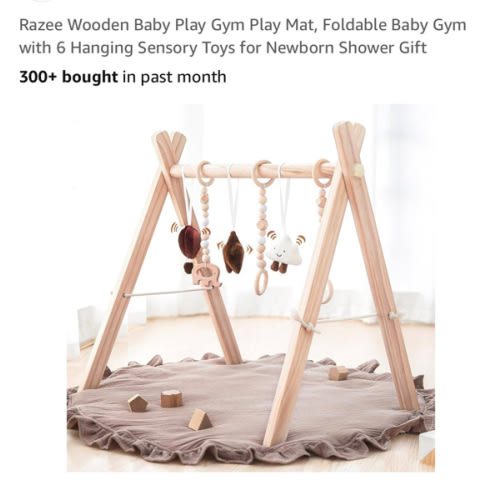 Razee Wooden Baby Play Gym Play Mat, Baby Gym with 6 Hanging Sensory Toys Foldable Baby Gym for Newborn Shower Gift