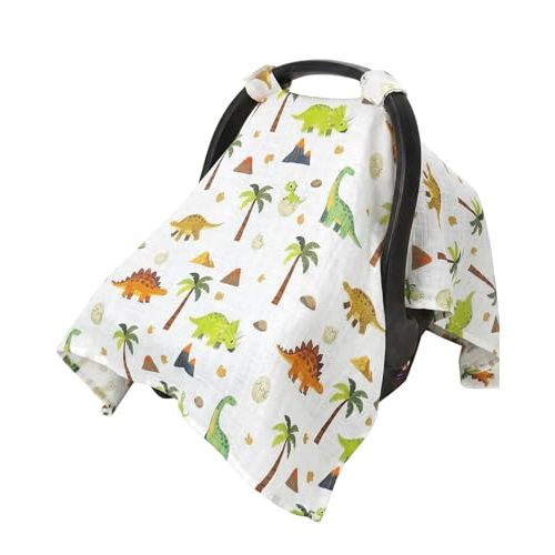 Rquite Baby Boy Car Seat Cover, 100% Muslin Cotton Infant Carseat Canopy, Soft Breathable Stroller Sun Shade & Newborn Shower Gift, Large Size Universal Fit Summer, Hot & Warm Weather (Forest Animals)