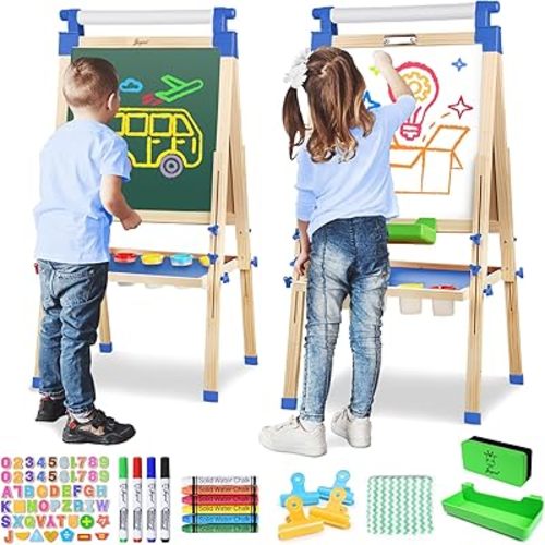 JOYOOSS Easel for Kids Art Easel Kids Easels for Toddlers,Wooden Kid Easel with Paper Roll - Adjustable Magnetic Double Sided Kids Dry Erase Board,Birthday Gifts for 1-12 Year Old Girls or Boys Blue