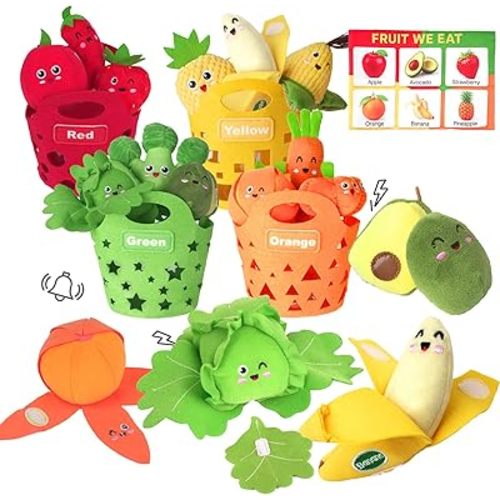 Baby Sensory Toys - Plush Color Sorting Fruit Veggie Baby Toys 6-12 Months, Pretend Play Food with Rattle Crinkle for Toddlers 1-3, Montessori Toys for 1 Year Old Boys Girls Birthday