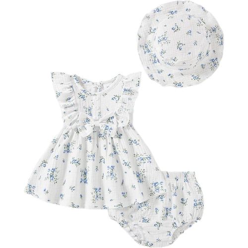 Vibebox Baby Girl Ruffle Sleeveless Bow Dresses Toddler Girl Princess Summer Dress Birthday with Hat and Underwear Outfits