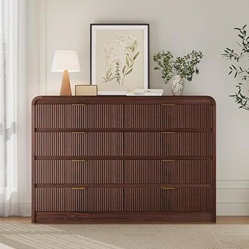 FURSUN Fluted 8 Drawers Dresser for Bedroom, 55" Wide Wooden Dresser with Metal Handle, Curved Profile Design, Modern Storage Organizer for Bedroom, Living Room, Hallway, Dark Walnut