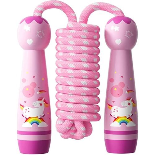 Jump Rope for Kids-Adjustable Cotton Braided Skipping Rope with Wooden Handle for Toddler Fitness Workout Exercise Outdoor Activity