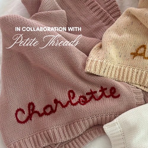 Hand-embroidered baby blanket in blush