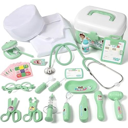 Durable Doctor Kit for Kids, 27 Pcs Deluxe Pretend Play Medical Toy with Real Stethoscope, Doctor Kit for Toddlers Boys Girls Birthday (Green)