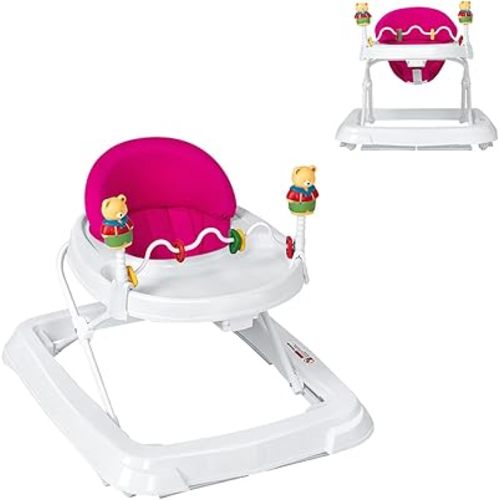 Baby Walker, Collapsible Baby Activity Walker with Walking Toys & 3-Levels Adjustable Height, Comfy High Back Seated Baby Walker with Wheels for Boys & Girls (Pink)