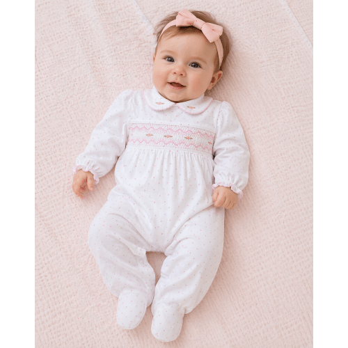 Baby Girl's Pink Dot Flower Footie - 100% Cotton - Marco & Lizzy