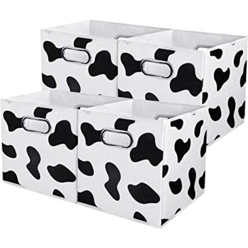 ANMINY 4PCS Cow Print Storage Cubes, 11 Inch Cute Storage Box Baskets with Handles Washable Foldable Cotton Linen Fabric Small Storage Bins for Desktop Closet Shelf Organizer Container Home Office