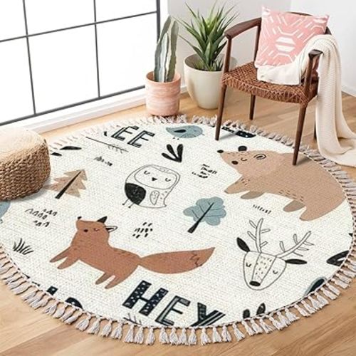 Round Boho Rug Hand Drawn Seamless Repeating Color Childish with Forest Animals and Area Rug Linen Rug Carpet Patio Rug Multi 3 ft