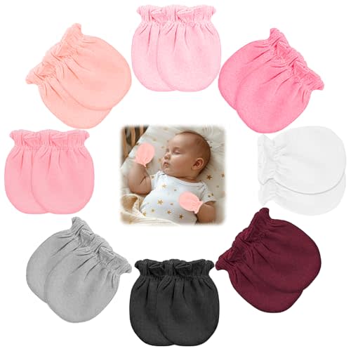 16PCS Newborn No Scratch Baby Mittens, Cotton Adjustable Mitten Gloves Anti-Scratch Hands Protection 8 Pair Mittens for Newborn Baby Girls Mix Color 0-6 Months