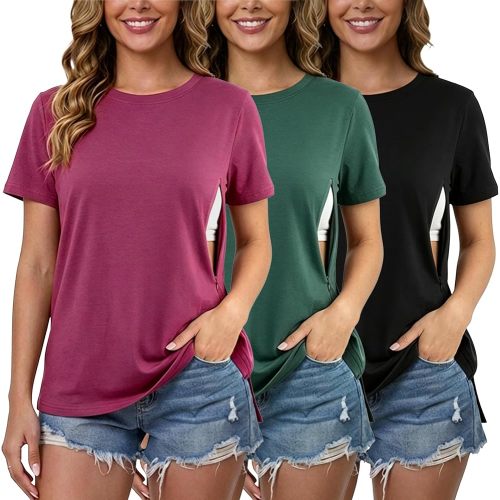 Liu & Qu 3 Pack Women's Breastfeeding Shirts Hidden Zipper Nursing Tops