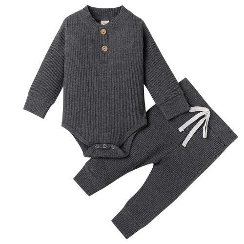 Ulanda Baby Boy Girl Clothes Ribbed Knitted Cotton Long Sleeve Romper Long Pants Solid Color Fall Winter Outfits (Grey, 6-12 Months)