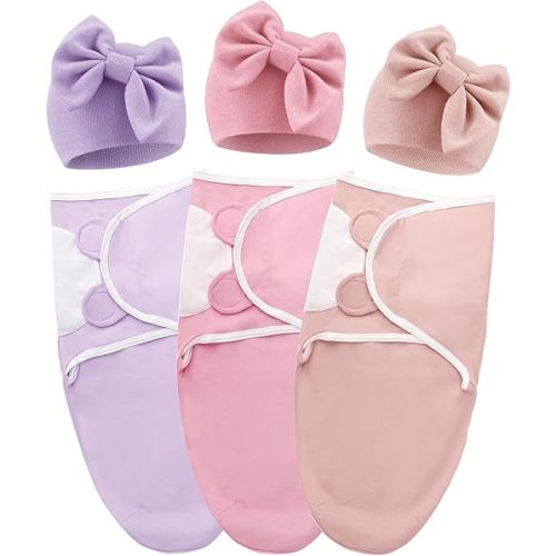 AQOKKA Baby Swaddle Sleep Sacks with Big Bow Hats Cotton Adjustable Swaddle Blankets Wrap Nursery Swaddles for Newborns Boy Girl Infant 0-3 Months