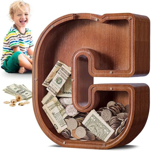 SummiDate Wooden Letter Piggy Bank for Kids| Piggy Bank for Boys Girls Toddler| Alphabet A Money Bank| Personalized Initial Wood Coin Bank Gifts for Birthday, Christmas, Festival, Baby Shower (C)