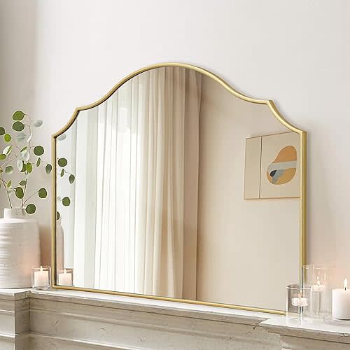 Gold Scalloped Arched Mirror: 35"x26" Large Modern Mantle Mirror - Minimalist Dresser Wall Mirrors for Vanity/Bedroom/Fireplace/Living Room/Entryway/Home Decor