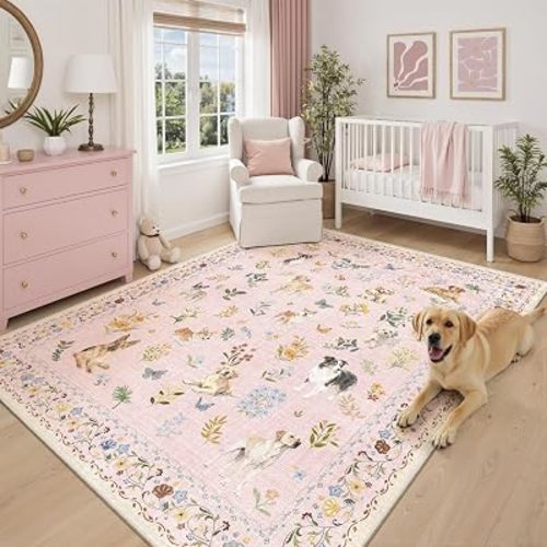 Soalmost Dog 8x10 Pink Area Rugs for Baby Girl Nursery, Washable Soft Rug