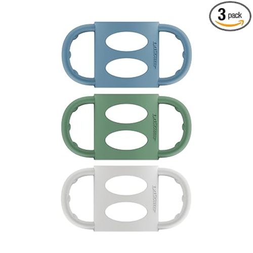 Dr. Brown's Narrow Baby Bottle Handles, 100% Silicone, Easy Grip Removable Handles for Bottle to Sippy Cup Transition, Blue/Gray/Green, 3-Pack, 4m+