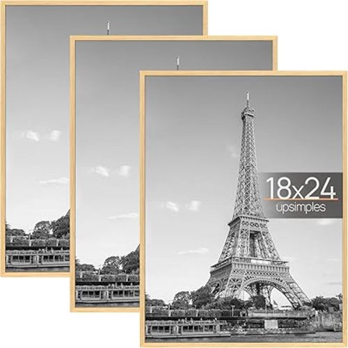 upsimples 18x24 Picture Frame Natural 3 Pack, Scratch-Proof Poster Frames 18 x 24 for Photo Gallery - Slide-In Strips, Horizontal or Vertical Wall Mounting