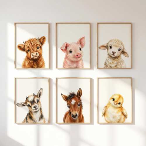 Farm Animal Nursery Prints, Baby Farm Animals Wall Art, Farmhouse Nursery Decor, Cow Pig Lamb Horse Prints, Barnyard Kids Room Decor