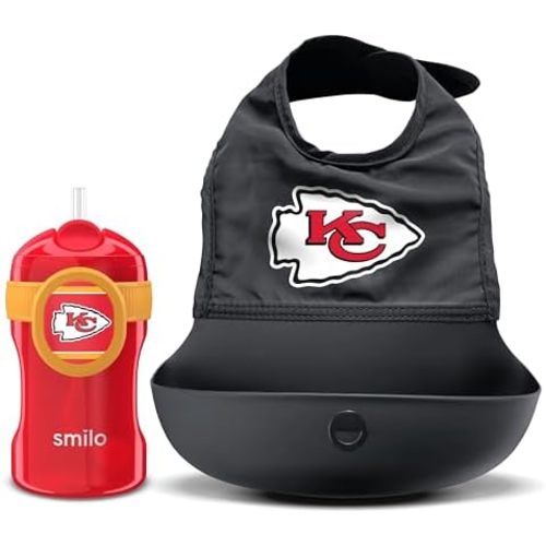 Smilo Silicone Bib and Straw Cup Bundle - Officially Licensed NFL Fabric & Silicone Baby Bib with Crumb Catcher and Straw Cup