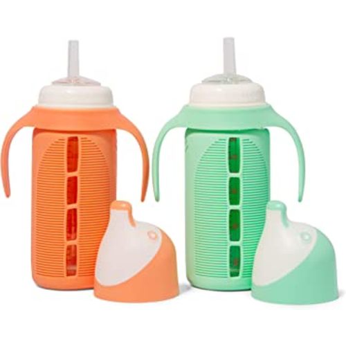 Set of 2 - Glass Sippy Cup for Toddlers - The Luca | Spill-Proof | Silicone Straw | Mint Green & Orange | 8 oz | Liquids Never Touch Plastic | Removable Handles… (orange)