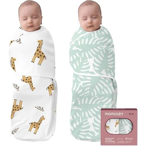 Momcozy Newborn Swaddle Sack, Two-Step Adjustable Baby Swaddle with Whisper-Quiet Fastener, Sleep Sack for 0-3 Months, 2-Pack, Safari