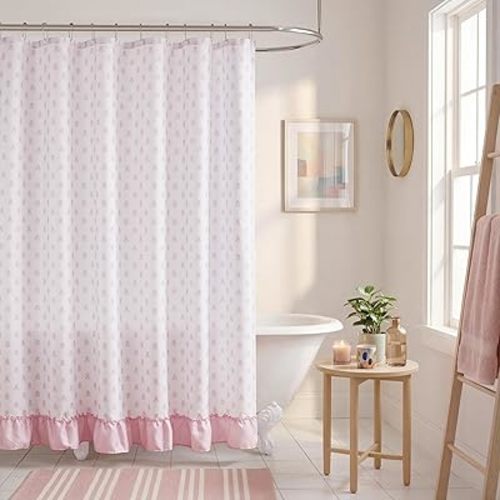 Intelligent Design Savanna Floral Ruffle Shower Curtain Set with 12 Ball Hooks, 72 x 72, Water Repellent Oeko-Tex Bathroom Curtains Dorm Room Essentials Bath Decor Pink
