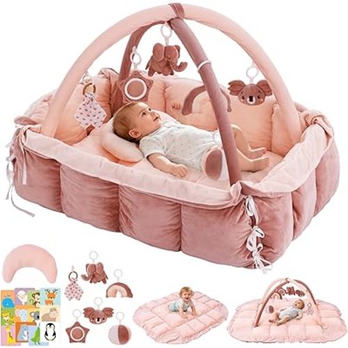5-in-1 Baby Play Gym and Tummy Time Mat, Tummy Time Pillow & 12 Learning Cards, Plush Activity Mat with 6 Toys, Baby Gym, Convertible to Ball Pit & Pet Bed, Baby Gift, Pink