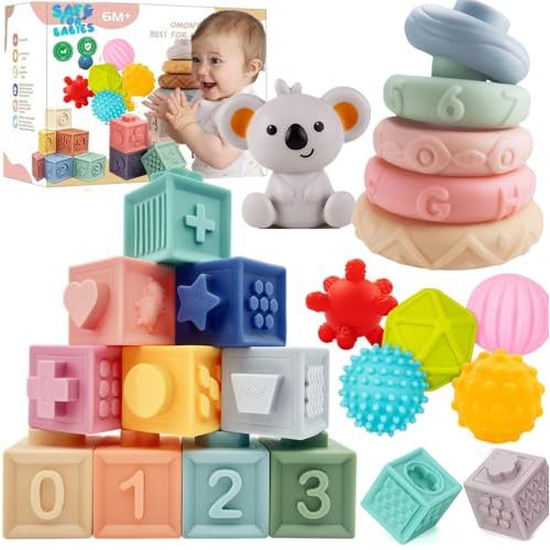Baby Montessori Sensory Toys for 0-6 6-12 Months, Teething Toys for Babies 0 3 6 9 12 18 Months, Infant, Newborn Rattle Teether, Blocks, Soft Stacking Rings, Ideal Baby Boy Girl Gifts Set