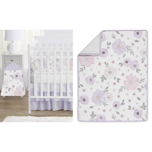 Sweet Jojo Designs Crib Bedding + BreathableBaby Breathable Mesh Liner Baby Nursery Girl Watercolor Floral Purple Pink and Grey - 6pcs