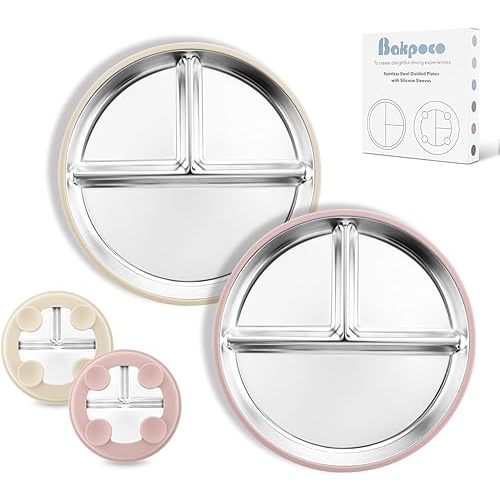 Stainless Steel Baby Plate with Suction, 8” Divided Toddler Plates with Removable Silicone Sleeves for Kids, Non-Toxic Non-Slip Unbreakable Dishwasher Safe Dinnerware Set of 2, Pink & Beige