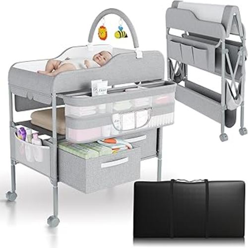 Portable Changing Table for Baby - Foldable Changing Table, Baby Diaper Changing Station with Baby Changing Station Toy Holder, Diaper Changing Table Bag - Portable Baby Changing Table with Wheels