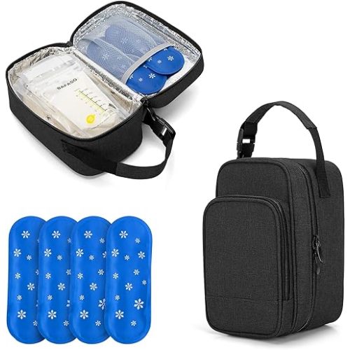 BAFASO Insulated Breastmilk Cooler Bag with 4 Gel Ice Packs, Breastmilk Cooler Fits 6 Bags of Breastmilk, Black