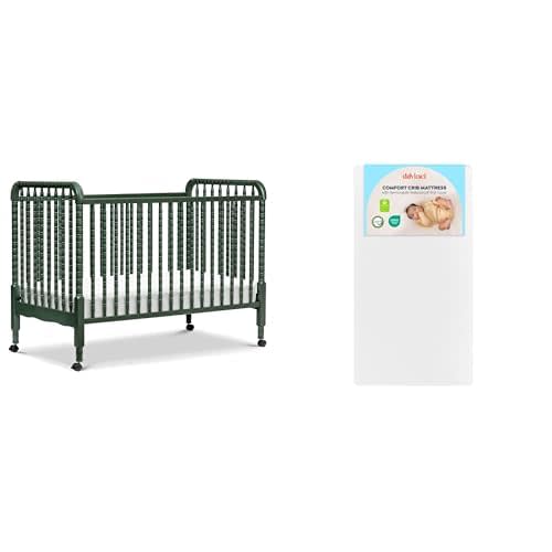 DaVinci Jenny Lind 3-in-1 Convertible Baby Crib in Forest Green with Comfort Crib Mattress Bundle - 4 Adjustable Heights, Firm Support, Removable Cover