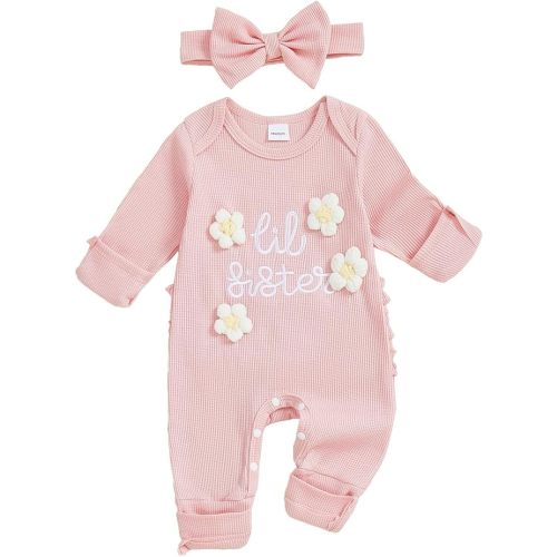 allshope Infant Baby Girl Fall Outfit Sweatshirt Romper Little Sister Lil Sis Long Sleeve Jumpsuit Newborn Clothes