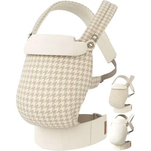 Reversible Baby Carrier, Khaki Solid & Houndstooth; Lightweight & Breathable Lyocell Fabric; Ergonomic Lumbar Support and Quick Hands-Free Wear for Newborn to Toddler (7–44 lbs)