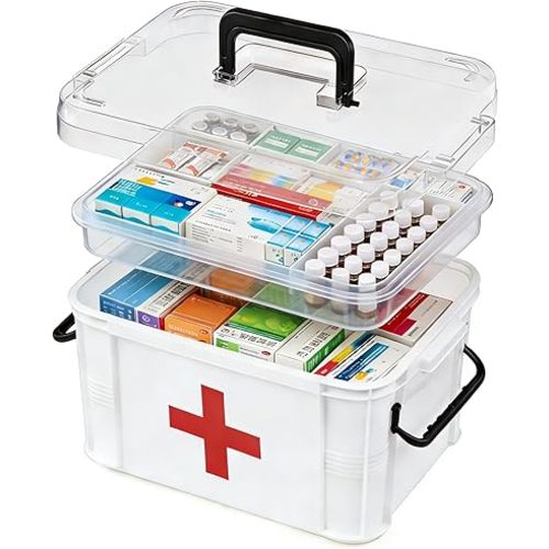 15QT Clear Medicine Organizer Box with Handle, Plastic Medicine Container with Tray First Aid Box Empty, Thickened Medicine Storage Organizer Multipurpose Medication Organizer Storage, White