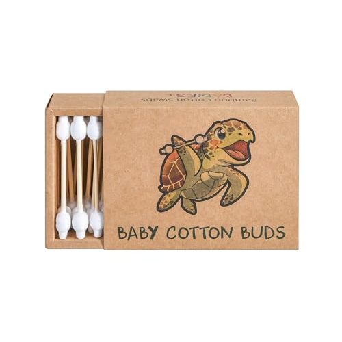 Sea Turtle Bamboo Cotton Swabs, Baby Safety Rim (100 Count) - Vegan, Eco Friendly, Organic, Double Tips, Plastic Free Wooden Ear Sticks, All Natural 100% Biodegradable Cotton Buds