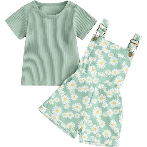 Toddler Baby Girls Summer Outfit Short Sleeve Ribbed Tops + Flower Suspender Overalls Shorts Set Kids Cute Clothes