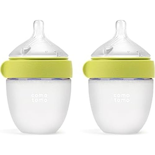 Comotomo Silicone Baby Bottle 2 (5oz) – Baby Bottle Refined – Soft, Wide-Neck Bottle with True Slow-Flow Nipple for Newborn Feeding, Green (Double Pack)