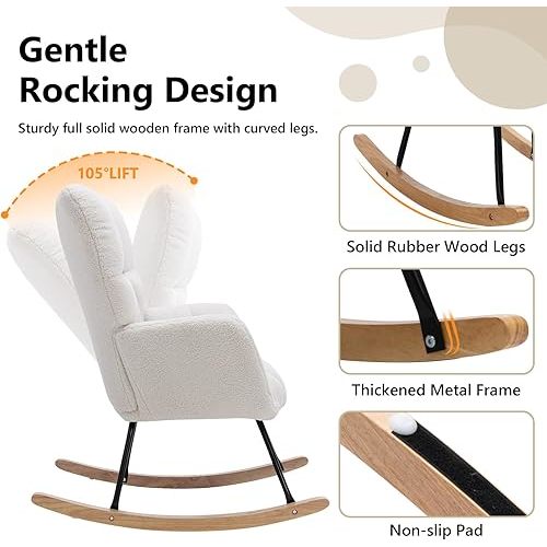 NIOIIKIT Nursery Rocking Chair Teddy Upholstered Glider Rocker Rocking Accent Chair Padded Seat with High Backrest Armchair Comfy Side Chair for Living Room Bedroom Offices (Ivory Teddy)