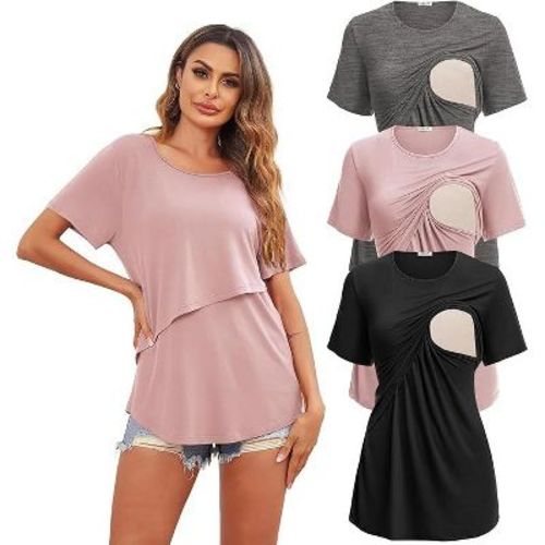 Ekouaer Women's Maternity Shirts Short Sleeves Nursing Tops 3 Pack Double Laye Breastfeeding Tees Pregnancy Clothes GP6 M