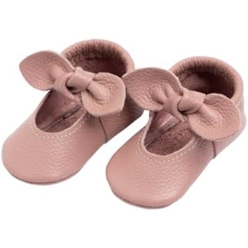 Freshly Picked First Pair Knotted Bow Baby Girl Leather Moccasins - Soft Sole Baby Shoes, Infant Shoes