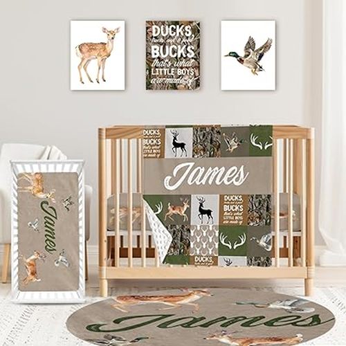 Custom Baby Crib Bedding Set,Personalized Name Army Green Deer Theme Nursery Bed Set 4 Piece,Baby Blanket Fitted Sheet Nursery Rug Wall Art Set,Custom Room Decor Idea Gift for Newborns Boys Girls