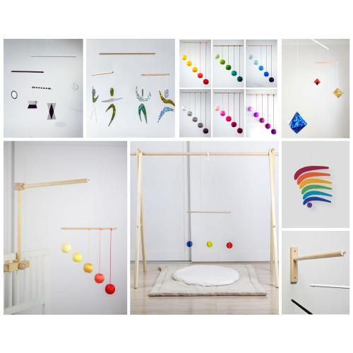 Set of 5 x Montessori mobiles with gym holder, crib arm or wall mount - Munari, Gobbi, Dancers, Octahedron, Rainbow, mobile, giostrine