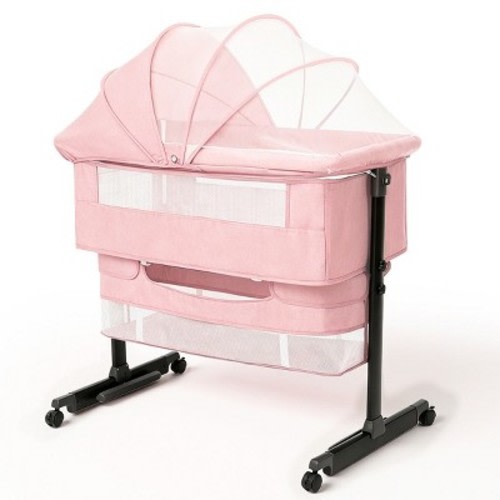 Baby Bassinet Bedside Crib with Adjustable Height, Breathable Mesh Sides, Wheels and Storage Basket,Pink