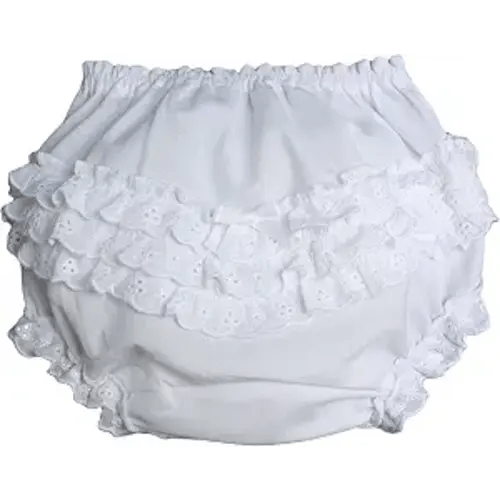 Little Things Mean A Lot Baby Girls White Elastic Bloomer Diaper Cover with Embroidered Eyelet Edging - NB