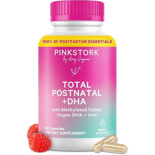 Pink Stork Total Postnatal Vitamins for Women with Vegan DHA, Iron, Folate, and Vitamin B12, Postpartum Recovery Essentials, Daily Supplement for Breastfeeding Moms - 1 Month Supply